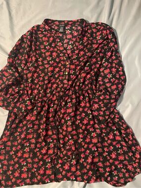 Justify Black Blouse with Red and Pink Floral Print
